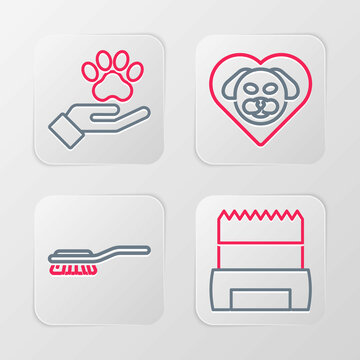 Set line Dog shit in bag, Hair brush for dog and cat, Heart with and Hands animals footprint icon. Vector