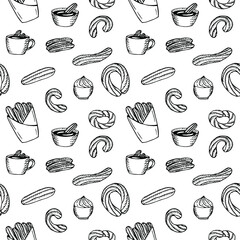 Churros dessert seamless pattern vector illustration, hand drawing sketch