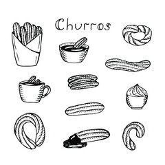 Churros dessert set vector illustration, hand drawing sketch
