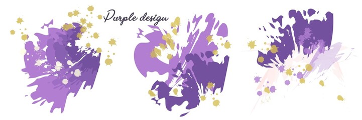 Fototapeta na wymiar Vector purple watercolor design with golden splashes. Background for postcards, business cards, invitations, wedding design.