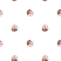 Hand drawn pink rose buds seamless pattern. Watercolor art. Natural background. Fall botanical print. Vintage romantic bloom design.