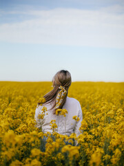 Fototapeta premium girl on the field of yellow flowers with a bow with the sky in the background
