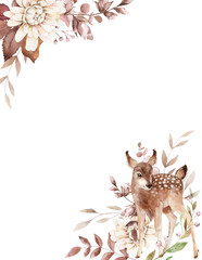 Woodland animal,  fall floral composition. Cute deer, autumn leaves and flowers hand-painted art. Watercolor illustration on white background. For posters, prints, greeting and birthday cards, invites