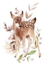 Cute deer, fall floral composition. Cute autumn hand-painted art. Woodland animal watercolor illustration on white background. For posters, prints, cards, invitations