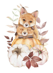 Cute foxes, fall floral composition. Cute autumn hand-painted art. Woodland animal watercolor illustration on white background. For posters, prints, cards, invitations