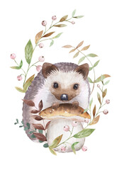 Cute hedgehog and mushroom, fall floral composition. Cute autumn hand-painted art. Woodland animal watercolor illustration on white background. For posters, prints, cards, invitations