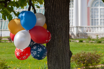 Fototapeta na wymiar Colorful balloons hanging from a tree in the park