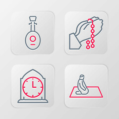 Set line Muslim man prays, Clock, Hands in praying position and Lute icon. Vector