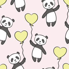 Cute cartoon panda holding on ta a balloon vector pattern,