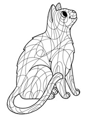 Pet cat, sits and looks up isolated. Page outline of cartoon. Raster illustration. Zen-tangle style. Hand draw