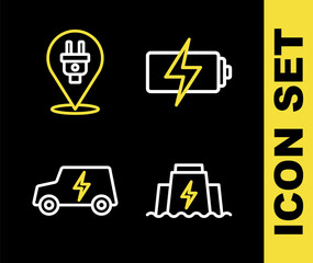 Set line Battery, Hydroelectric dam, Electric car and plug icon. Vector