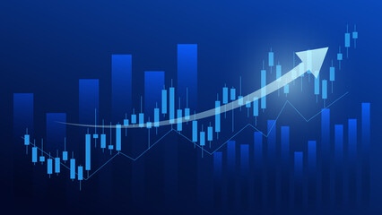 stock market and cryptocurrency trading chart concept. candlestick and bar graph with volume indicator show digital money or financial statistics and business earning management on blue background 