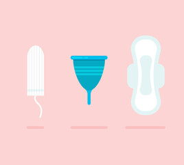 Set of feminine hygiene products. Menstruation days. Sanitary pads, tampons, menstrual cup. Vector illustration in trendy flat style isolated on pink background.