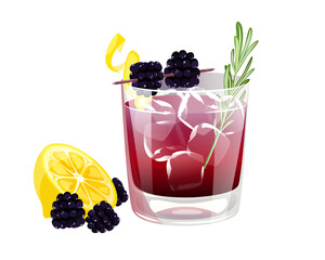 Bramble cocktail. Alcoholic drink with ice, lemon juice and blackberries.A summer refreshing drink.