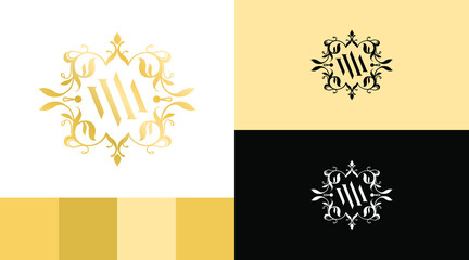 Fototapeta na wymiar Golden Flourish Flower Vintage Monogram M Letter Logo Design Concept 
