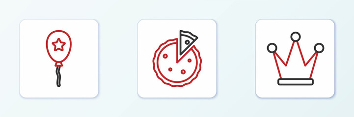 Set line Crown, Balloon with ribbon and Homemade pie icon. Vector