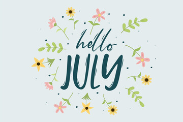 Hello july greetings with soft background design
