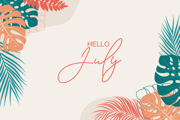 Hello july greetings with soft background design - obrazy, fototapety, plakaty