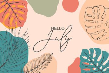 Hello july greetings with soft background design - obrazy, fototapety, plakaty