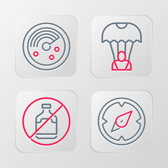 Set line Compass, No alcohol, Parachute and Radar with targets on monitor icon. Vector