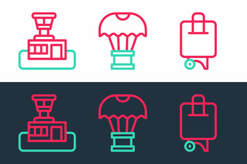 Set line Suitcase, Airport control tower and Box flying parachute icon. Vector