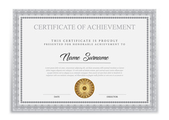 Certificate of achievement template, black and grey. Clean modern certificate with gold badge. border with simple vintage ornament. Diploma vector template