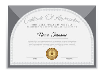 Certificate of achievement template, black and grey. Clean modern certificate with gold badge. border with simple vintage ornament. Diploma vector template