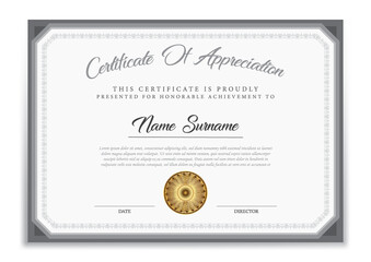 Certificate of achievement template, black and grey. Clean modern certificate with gold badge. border with simple vintage ornament. Diploma vector template