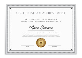 Certificate of achievement template, black and grey. Clean modern certificate with gold badge. border with simple vintage ornament. Diploma vector template
