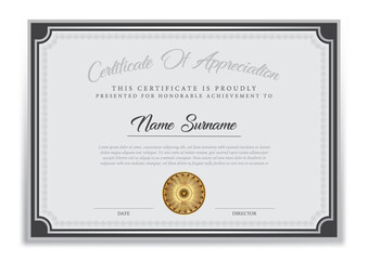 Certificate of achievement template, black and grey. Clean modern certificate with gold badge. border with simple vintage ornament. Diploma vector template