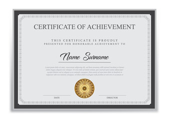 Certificate of achievement template, black and grey. Clean modern certificate with gold badge. border with simple vintage ornament. Diploma vector template