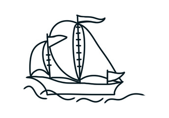 Sailboat, boat with sails and flags on the waves, freehand drawing with a black stroke, on a transparent background, for printing and coloring