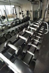 Obraz na płótnie Canvas Black dumbbell set, many metal dumbbells on rack in sport fitness center