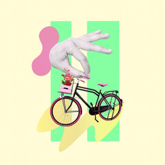 Contemporary art collage. Bike, abstract geometry, retro style Summer active mood concept