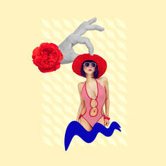 Contemporary minimal art collage. Retro beach style Lady. Vacation summer concept