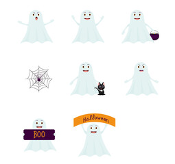 Vector set with different cute ghosts. Halloween. Characters to print. Illustration on a white background.