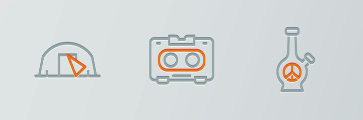 Set line Bong, Tourist tent and Retro audio cassette tape icon. Vector