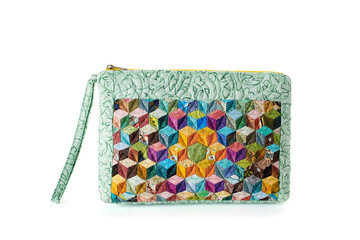 Multi-colored cubes pattern patchwork mini zipper bag