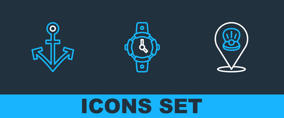 Set line Scallop sea shell, Anchor and Diving watch icon. Vector