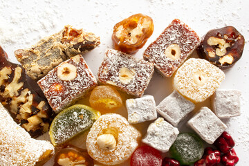 various Turkish delights with hazelnuts and walnuts