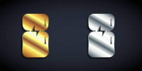 Gold and silver Refrigerator icon isolated on black background. Fridge freezer refrigerator. Household tech and appliances. Long shadow style. Vector