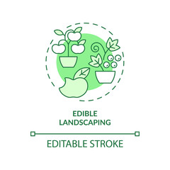 Edible landscaping green concept icon. Include food plants. Gardening method abstract idea thin line illustration. Isolated outline drawing. Editable stroke. Arial, Myriad Pro-Bold fonts used