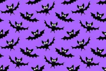 Fototapeta premium Flying bats seamless pattern. Cute Spooky vector Illustration. Halloween backgrounds and textures in flat cartoon gothic style. Black silhouettes animals on sky