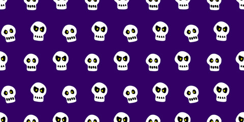 Seamless pattern with skulls. Primitive cartoon flat style. Background and texture on theme of Halloween, danger, death, war, poison. For fabric, packaging, party, poster, banner