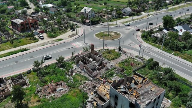 Chernihiv, Ukraine - June 27, 2022: War in Ukraine. Damaged ruined houses in ukrainian city Chernihiv near Kyiv on north of Ukraine. Ruins during War of Russia against Ukraine.