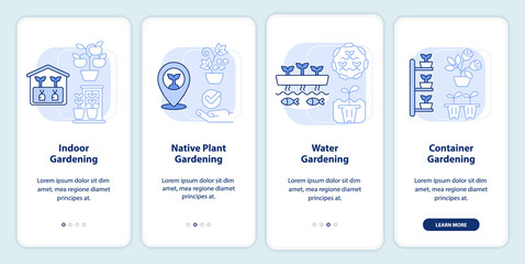 Fototapeta na wymiar Gardening types light blue onboarding mobile app screen. Planting walkthrough 4 steps editable graphic instructions with linear concepts. UI, UX, GUI template. Myriad Pro-Bold, Regular fonts used