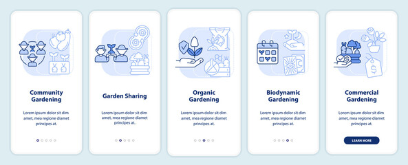 Fototapeta na wymiar Types of gardening light blue onboarding mobile app screen. Walkthrough 5 steps editable graphic instructions with linear concepts. UI, UX, GUI template. Myriad Pro-Bold, Regular fonts used