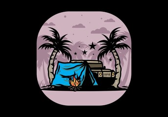 Camping tent in front of car between coconut tree illustration