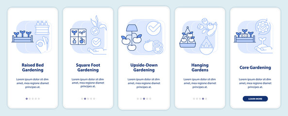 Effective gardening light blue onboarding mobile app screen. Planting walkthrough 5 steps editable graphic instructions with linear concepts. UI, UX, GUI template. Myriad Pro-Bold, Regular fonts used