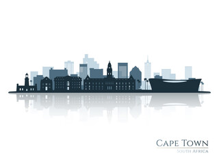 Cape Town skyline silhouette with reflection. Landscape Cape Town, South Africa. Vector illustration.